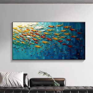 Abstract blue underwater painting, Bohemian wall decoration, custom painting, home decoration, original fish oil painting, large wall art
