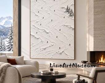 Modern Minimalist Palette‑Knife Skiing Artwork, Thick Textured Gentle Mountain Snow Canvas