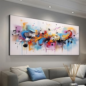 Large Colorful Abstract Oil Painting: 3D Boho Music Notes Wall Art