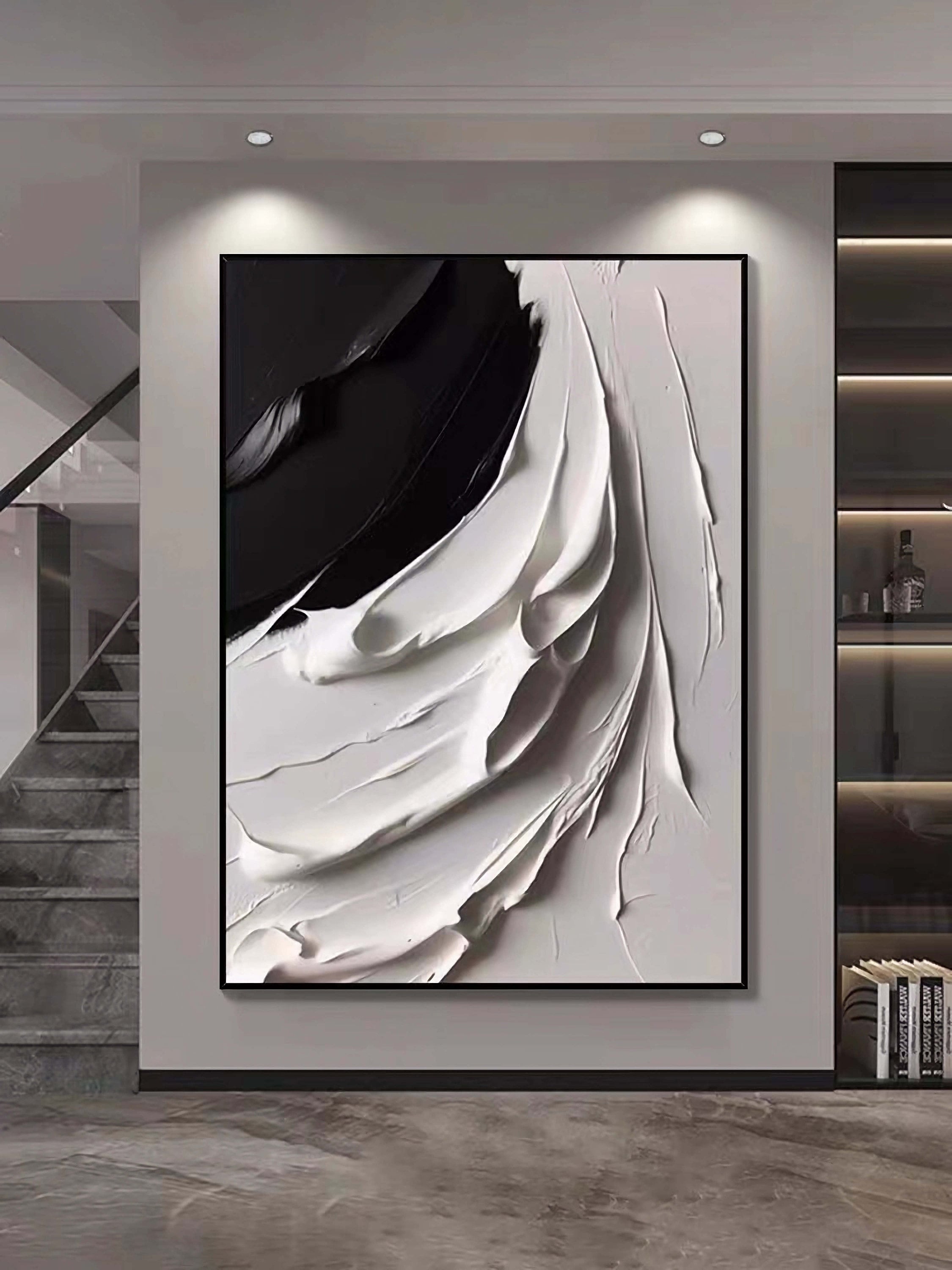 3D Texture Painting Large Wall Art Black and White 3D Abstract Painting ...