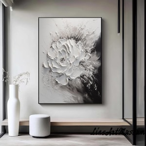 Large 3D Textured White Flower Painting,Floral Landscape Wall Art,Flower Acrylic Painting,Palette Knife Painting,Living Room Home Decor