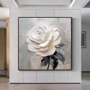 Flower Acrylic Painting,Heavy Textured Minimalist Art,Oversize Beige Flower Painitng Black White Textured Flower Painting,Flower Home Decor