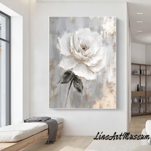 Grote 3D witte getextureerde bloem schilderij, witte zware textuur schilderij, minimalistische kunst aan de muur, witte roos acrylschilderij, witte roos kamer decor, minimalistische kunst aan de muur