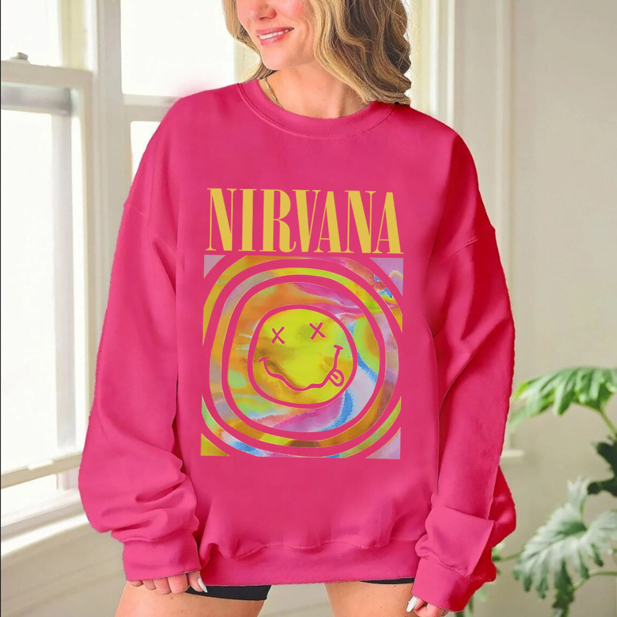 Discover Nirvana Smiley Face Sweatshirt, Heliconia Pink Color, Nirvana Smile Sweatshirt