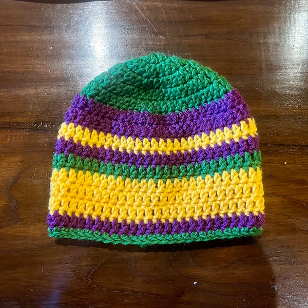 Crochet Mardi Gras Beanie Tobaggan Hat Green Purple Gold Adult Child Toddler Baby