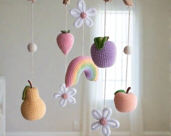 Pastel fruits with flowers & rainbow nursery mobile - Fruit Garden baby room mobile - new girl gift - floral decor, summer, daisy, tropical