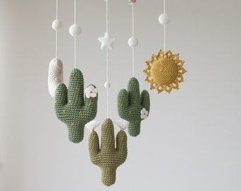 Cactuses nursery mobile with Sun and Moon - green, mustard, beige, olive - neutral, south, western, saguaro, desert, Arizona