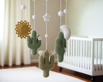 Cactuses nursery mobile with Sun and Moon - green, mustard, beige, olive - neutral, south, western, saguaro, desert, Arizona