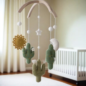 Cactuses nursery mobile with Sun and Moon - green, mustard, beige, olive - neutral, south, western, saguaro, desert, Arizona