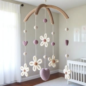 Floral Baby Mobile: Knitted Daisies, Purple Accents - Boho Wildflowers, Botanical Nursery, Cot Decor