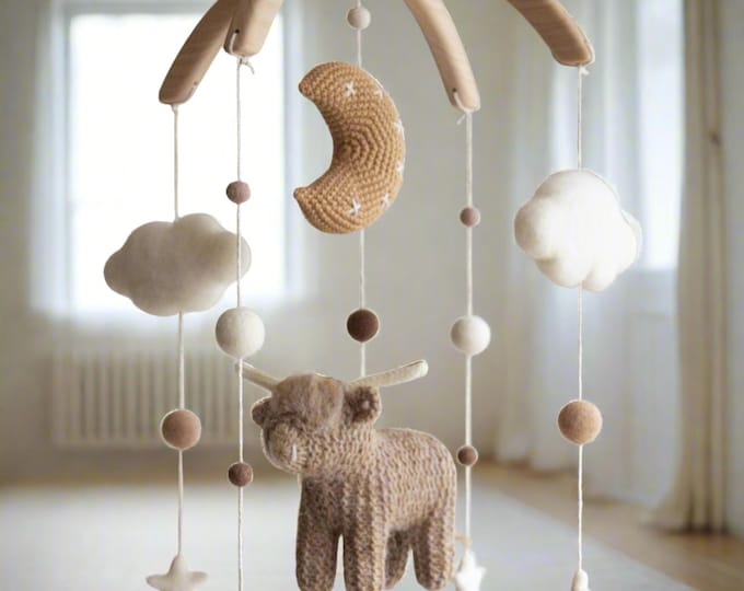 Highland Cow & Moon Baby Mobile - Rustic Boho Farm Nursery Decor Handmade in UK
