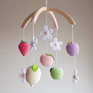 Strawberries, Fruits & Daisies Baby Mobile – Floral Garden and Farm Fruit Decor, Handmade in UK