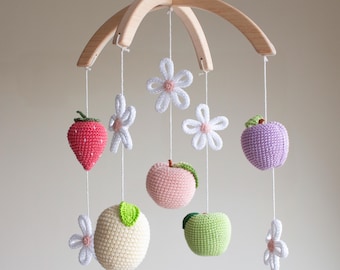 Strawberries, Fruits & Daisies Baby Mobile – Floral Garden and Farm Fruit Decor, Handmade in UK