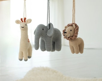 Safari baby gym toys - Elephant, giraffe, lion hanging rattles - Stuffed African animals - Gender neutral baby shower gift