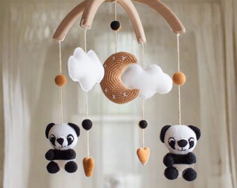 Panda nursery mobile - Baby room mobile in black, white, beige, burnt orange - gender neutral baby shower gift - animals nursery decoration