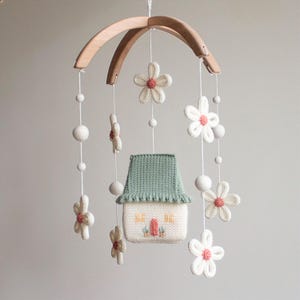 Daisy Cottage Baby Mobile with Sage Green: Knitted Floral Cottagecore, Woodland Nursery Decor