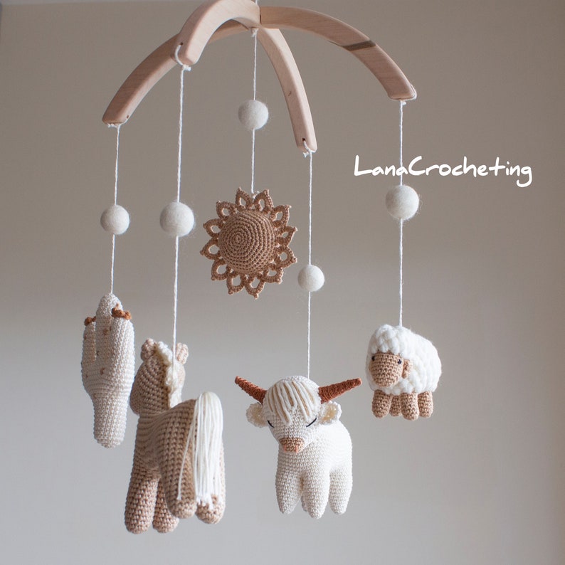 Boho Farm Nursery Mobile Highland Cow Horse Sheep Sun Etsy