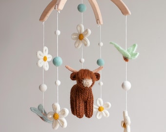 Highland Cow, Butterflies & Daisies Baby Mobile – Sage Green nursery decor Handmade in UK