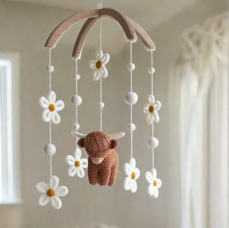 Cow & Daisies nursery mobile Highland cattle baby mobile baby girl gift ranch animals decor floral longhorns, farm, flowers, retro image 1