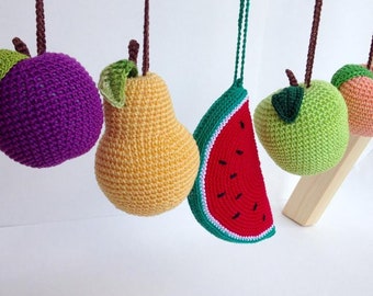 Baby gym toys Fruits - hanging play gym toys, crochet rattles, activity center mobiles. Montessori. Gender neutral gift