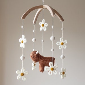 Cow & Daisies nursery mobile Highland cattle baby mobile baby girl gift ranch animals decor floral longhorns, farm, flowers, retro image 4