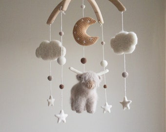 Longhaired highland cow & moon nursery mobile - Longhorn cow mobile - baby shower gift - farm, western, farmhouse, boho, clouds, celestial