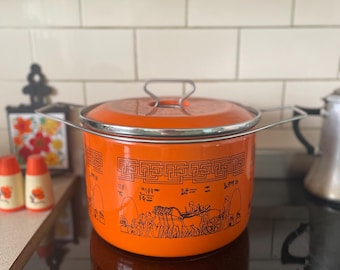 Siltal Italy Egyptian Revival Orange Enameled Steel Dutch oven or stockpot 1970s