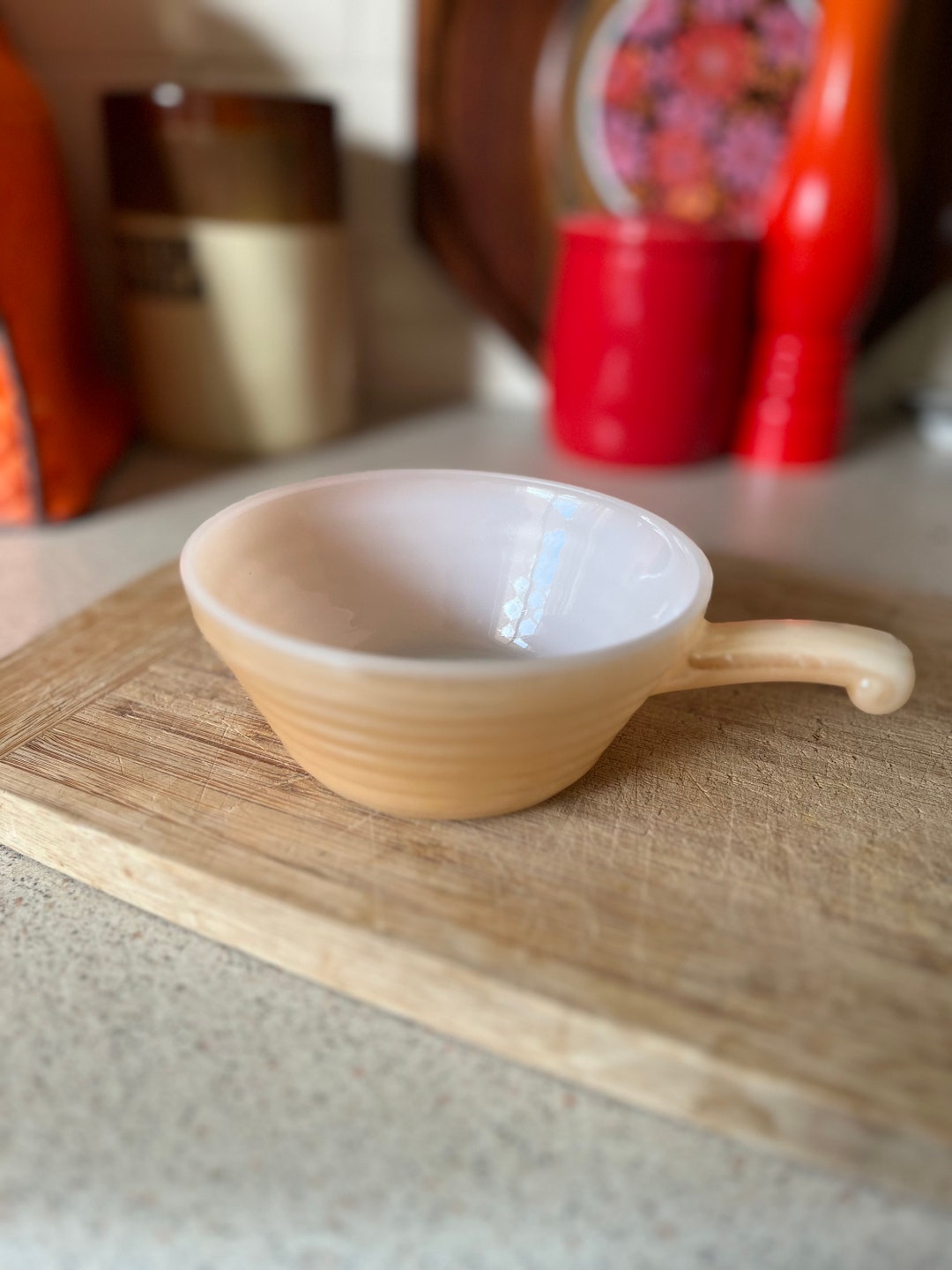 Vintage Anchor Hocking Fire King Oven Ware Lustre Peach Lustre Handled