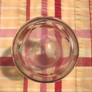May include: A clear glass object with a rounded bottom and a thick rim. The glass reflects the colors of the plaid fabric beneath it, creating a play of pinks, reds, and yellows. The object appears to be a drinking glass or a similar container.