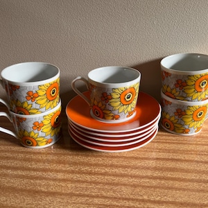 Juego de tazas de café retro - Diseño de girasol amarillo anaranjado - Hecho en Japón