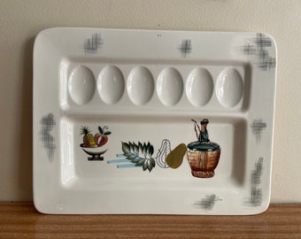 jaren 1950 Hors d'Oevre devilled Egg serveerschaal, prachtige handgeschilderde retro!