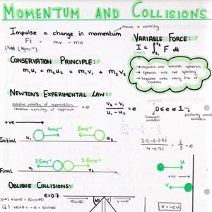 May include: Handwritten notes on a white background explaining the concepts of momentum and collisions in physics. The notes include formulas, diagrams, and examples of collisions between objects. The notes also discuss the concept of impulse and how it relates to momentum.