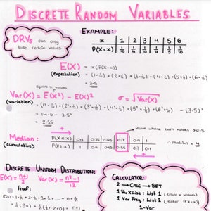 May include: Handwritten notes on a white background explaining discrete random variables, including formulas for expectation, variance, and standard deviation. The notes also include a table showing the probability distribution of a discrete random variable and a section on discrete uniform distribution.