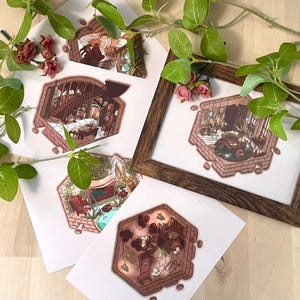 May include: Several art prints displaying detailed illustrations of interior scenes. The prints depict various rooms with furniture, plants, and decorative elements. One print is framed in a brown wooden frame, and the others are unframed.