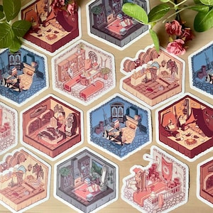 Dragon Age 2 Companion Room Stickers | Hawke’s Party Isometric Art Set | Fantasy Gamer Decor | DA2 Fan Art Stickers