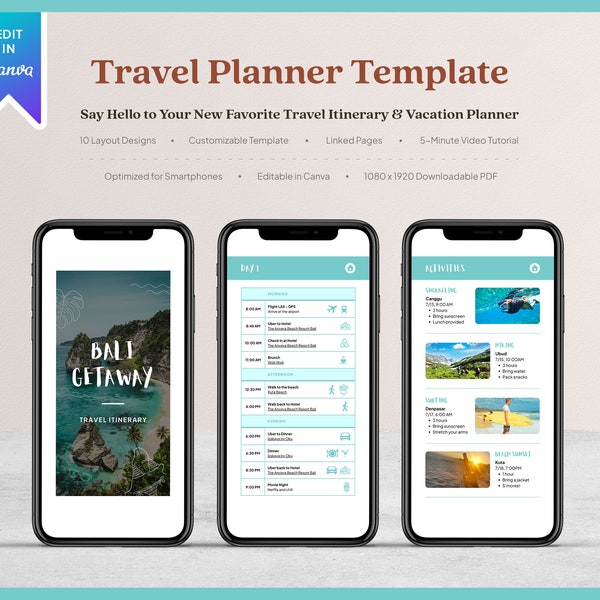 Mobile Travel Planner Template, Editable Canva Template Travel Itinerary, Holiday Planner, Vacation Planner, Digital Trip Itinerary Planner