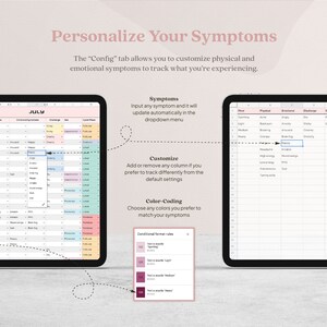 K&ouml;nnte beinhalten: Zwei digitale Tablets, die eine Tabelle mit dem Text "Personalisiere deine Symptome" anzeigen. Der Text erkl&auml;rt, wie man k&ouml;rperliche und emotionale Symptome anpassen und verfolgen kann. Farbcodierungsoptionen werden ebenfalls angezeigt.