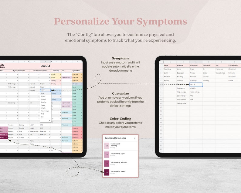 K&ouml;nnte beinhalten: Zwei digitale Tablets, die eine Tabelle mit dem Text "Personalisiere deine Symptome" anzeigen. Der Text erkl&auml;rt, wie man k&ouml;rperliche und emotionale Symptome anpassen und verfolgen kann. Farbcodierungsoptionen werden ebenfalls angezeigt.