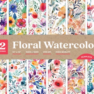 Floral Digital Paper, Watercolor Flowers, Seamless Pattern, Digital Background, Printable Paper Set, Commercial Use, 12x12