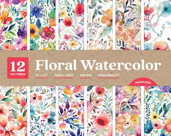 Florales digitales Papier, Aquarell Blumen, nahtloses Muster, digitaler Hintergrund, druckbares Papier-Set, kommerzielle Nutzung, 12x12