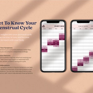 K&ouml;nnte beinhalten: Drei Smartphones, die eine Menstruationszyklus-Tracking-App anzeigen. Die App-Oberfl&auml;che zeigt eine kalenderartige &Uuml;bersicht mit farbcodierten Daten zur Verfolgung von Symptomen. Der Text auf dem Bildschirm lautet "Get To Know Your Menstrual Cycle."