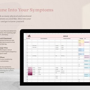 K&ouml;nnte beinhalten: Ein digitaler Planer, der auf einem Laptop-Bildschirm angezeigt wird und ein rosa-wei&szlig;es Design mit dem Titel "Tune Into Your Symptoms" aufweist. Der Planer enth&auml;lt Abschnitte zur Verfolgung k&ouml;rperlicher und emotionaler Symptome, des Flusses, des Ausflusses und der Zyklusphasen. Der Monat Juli ist sichtbar.