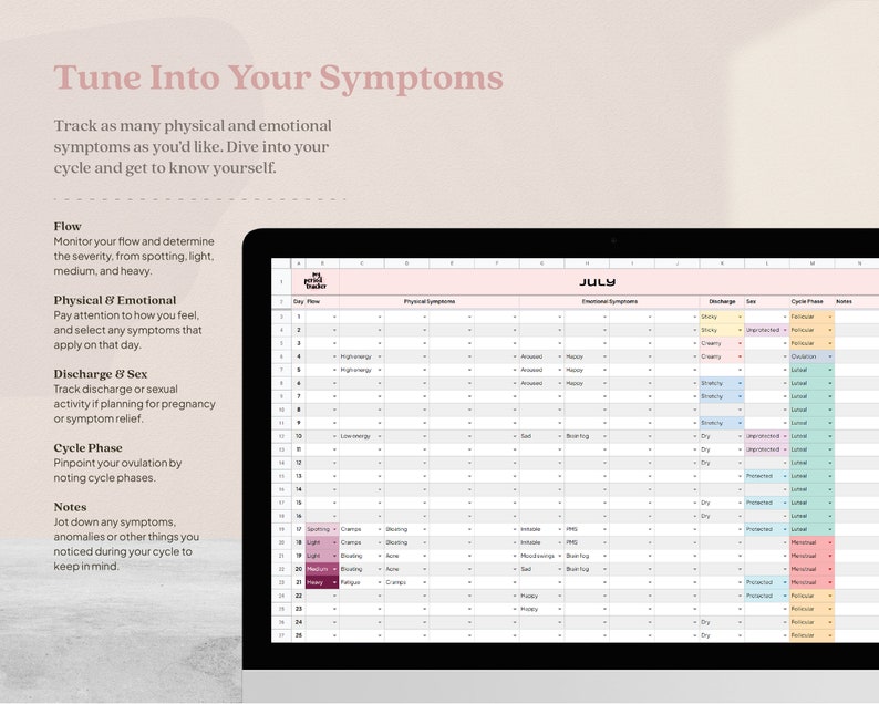 K&ouml;nnte beinhalten: Ein digitaler Planer, der auf einem Laptop-Bildschirm angezeigt wird und ein rosa-wei&szlig;es Design mit dem Titel "Tune Into Your Symptoms" aufweist. Der Planer enth&auml;lt Abschnitte zur Verfolgung k&ouml;rperlicher und emotionaler Symptome, des Flusses, des Ausflusses und der Zyklusphasen. Der Monat Juli ist sichtbar.