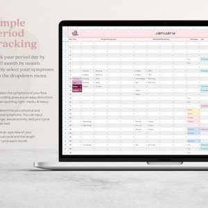 K&ouml;nnte beinhalten: Ein Laptop-Bildschirm zeigt eine Menstruations-Tracking-Tabelle f&uuml;r Januar. Die Tabelle enth&auml;lt Abschnitte f&uuml;r k&ouml;rperliche und emotionale Symptome, Ausfluss und Zyklusphase. Text erkl&auml;rt, wie man die Periode Tag f&uuml;r Tag und Monat f&uuml;r Monat verfolgt.