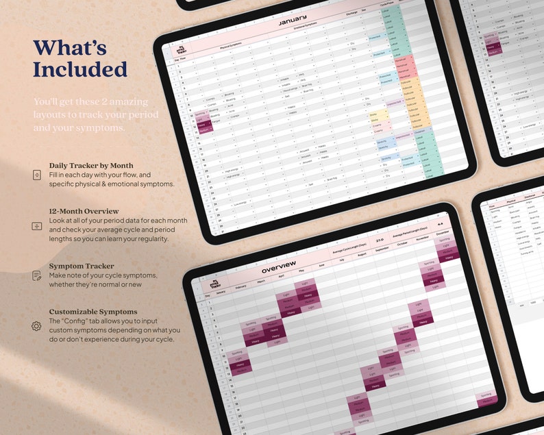K&ouml;nnte beinhalten: Mehrere digitale Tablets mit Perioden-Tracking-Layouts. Die Bildschirme zeigen eine monatliche Kalenderansicht und eine &Uuml;bersicht &uuml;ber die Symptome, mit Text wie "Was ist enthalten", "T&auml;gliches Tracking" und "Symptom-Tracker". Das Farbschema ist haupts&auml;chlich rosa und wei&szlig;.