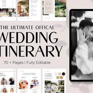 70+ Pages Wedding Itinerary Template | Editable Canva Template | Wedding Planner, Seating Chart, Budgeting, Packing Lists + More