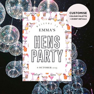 Cocktail Hen&#39;s Party Welcome Sign  | Wedding Sign | Hens Party Signage | Bachelorette Party | DIGITAL DESIGN ONLY