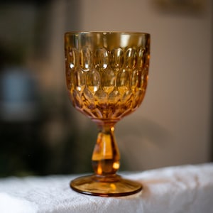 Amber Glass Chalice, Cup, Wine Cup, Goblet, Chalice, Gold, Yellow, Indiana Glass Co, Holy Grail, Pressed Glass, viking, thumbprint glass