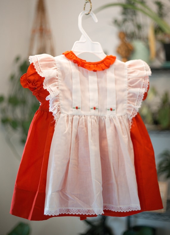 Vintage Baby Dress, Red Dress with White Overlay, 