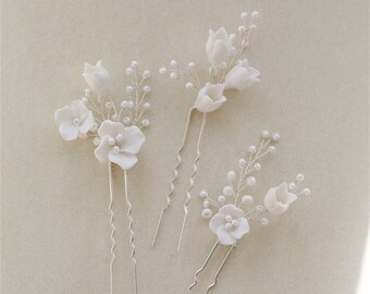 Bridal Flower Hairpin 3pcs, Bridal Headpiece, Pearl Floral Bridal Hairpins, Wedding Hair Pins, Bridal Hair Accessories,Wedding Dress Jewelry